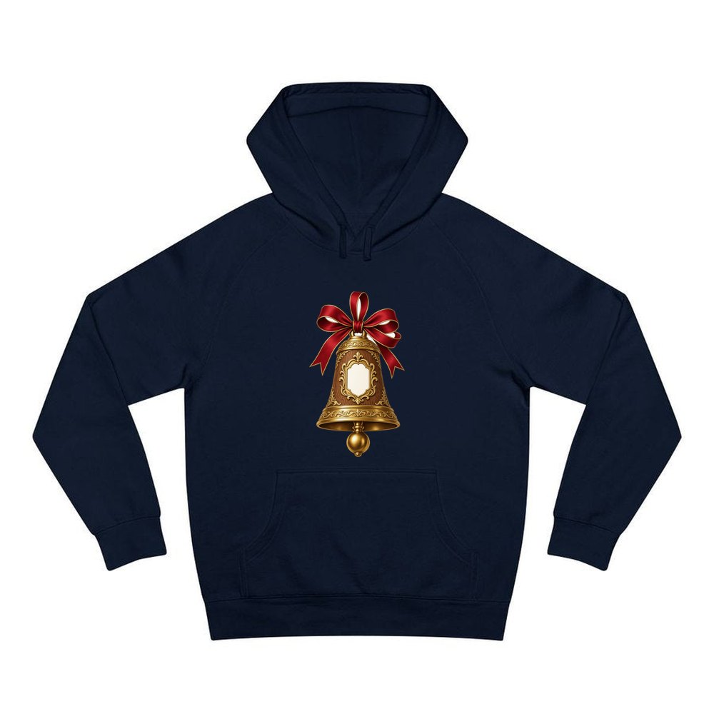 Gold Bell With Name Plaque personalised Christmas hoodie in navy