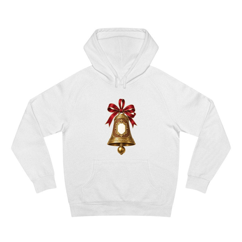 Gold Bell With Name Plaque personalised Christmas hoodie in white