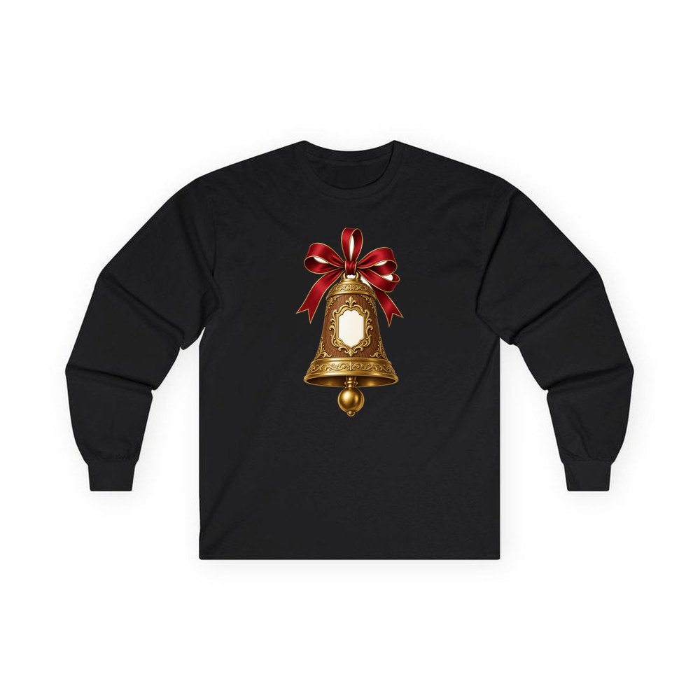 Gold Bell With Name Plaque personalised long sleeve Christmas T-shirt in black