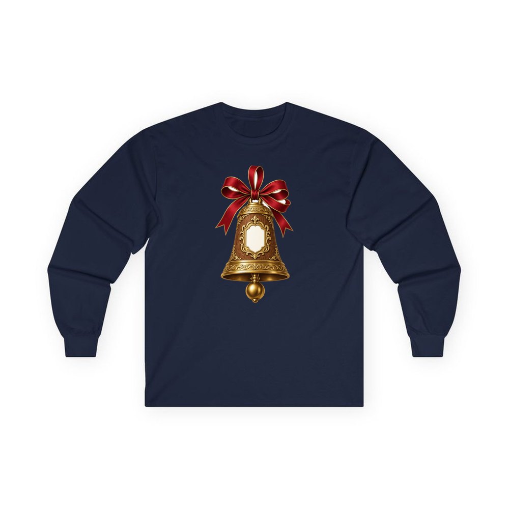 Gold Bell With Name Plaque personalised long sleeve Christmas T-shirt in navy