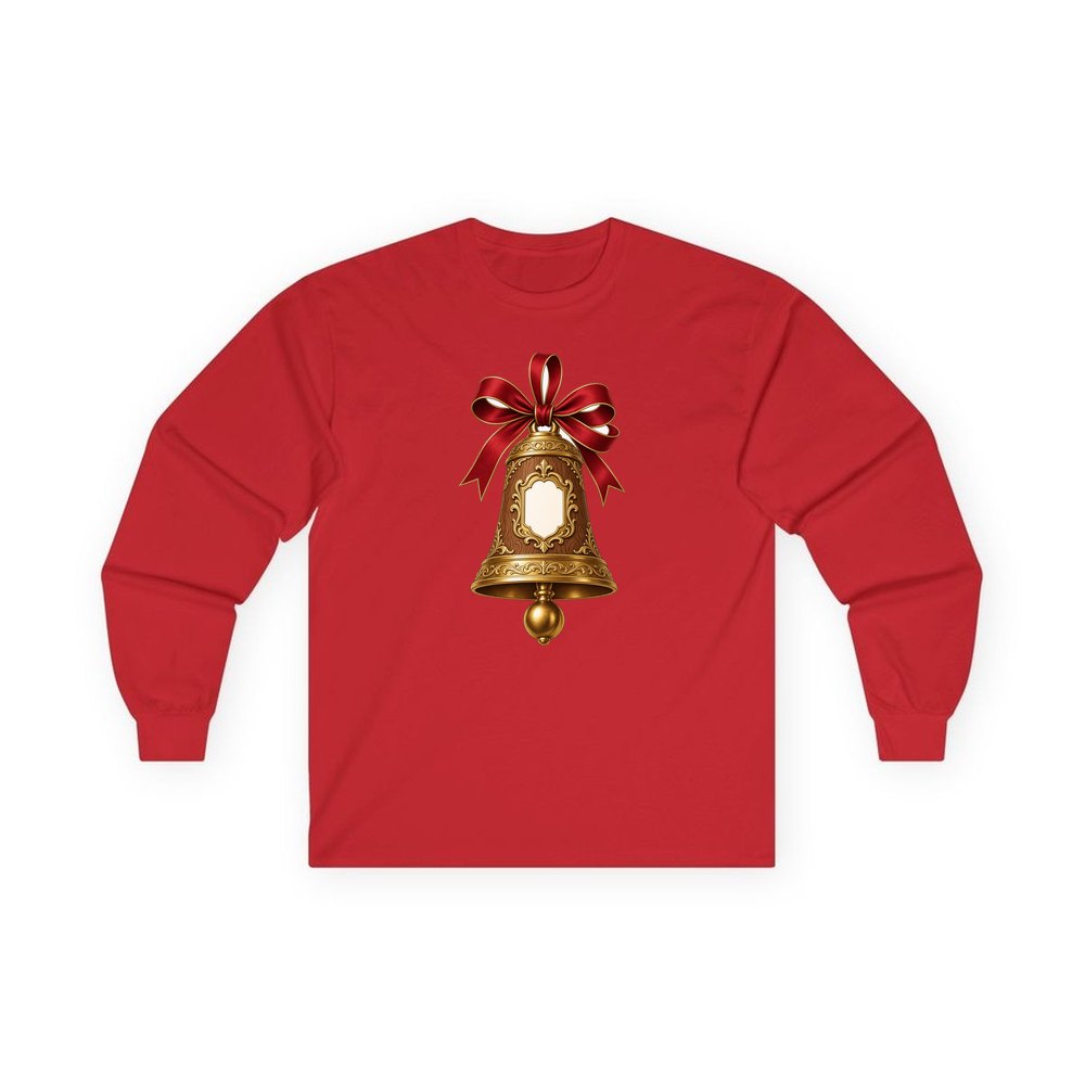 Gold Bell With Name Plaque personalised long sleeve Christmas T-shirt in red
