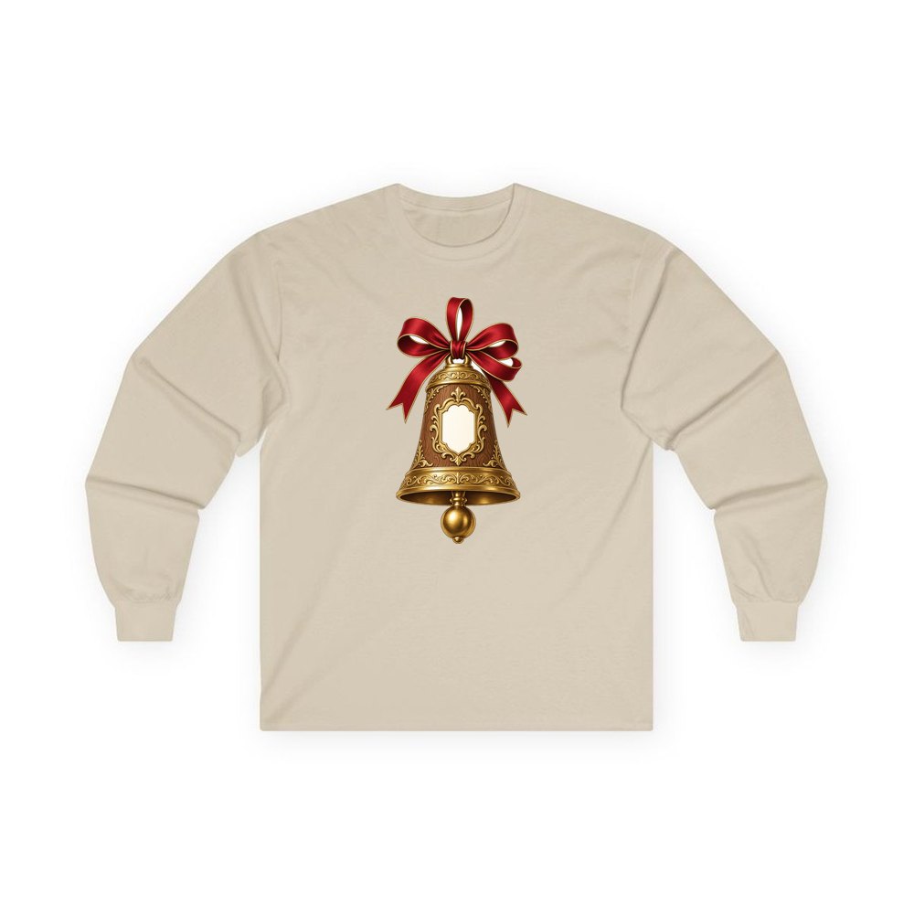 Gold Bell With Name Plaque personalised long sleeve Christmas T-shirt in sand