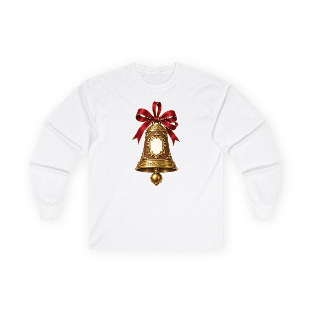 Gold Bell With Name Plaque personalised long sleeve Christmas T-shirt in white