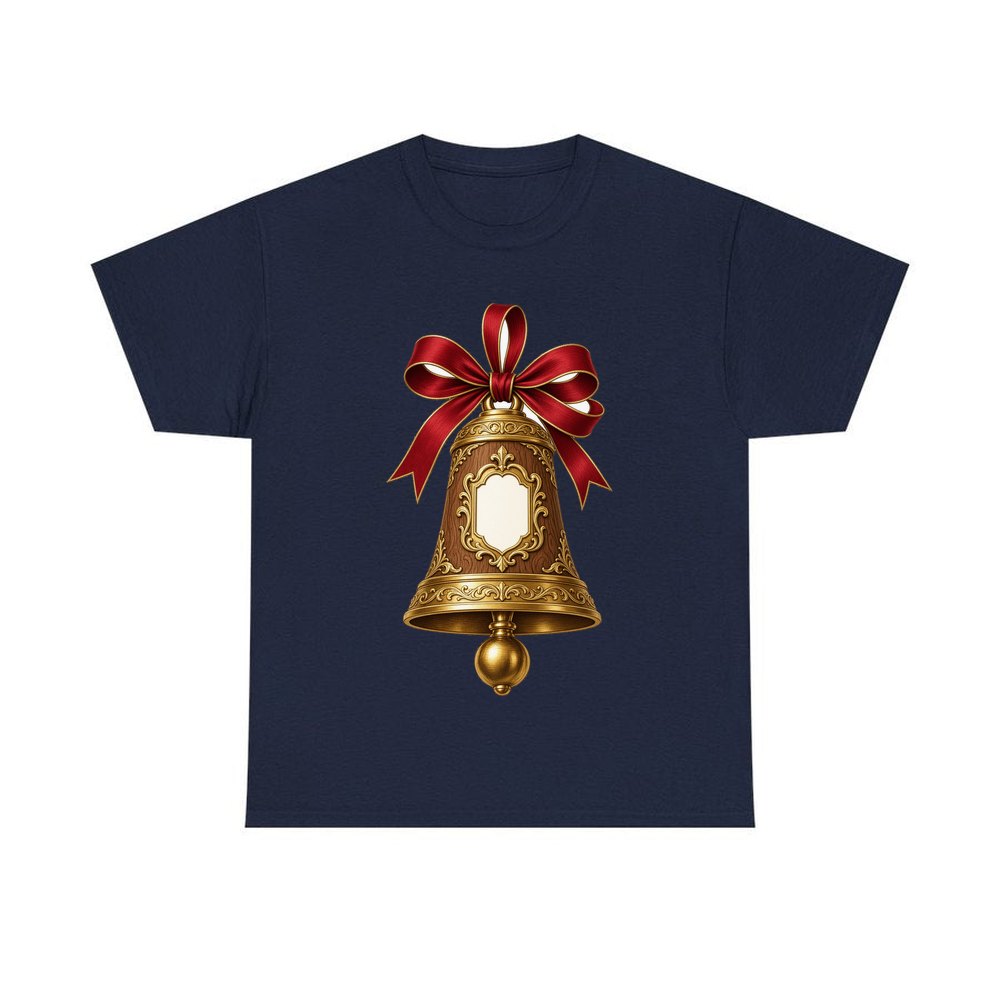 Gold Bell With Name Plaque personalised Christmas T-shirt in navy
