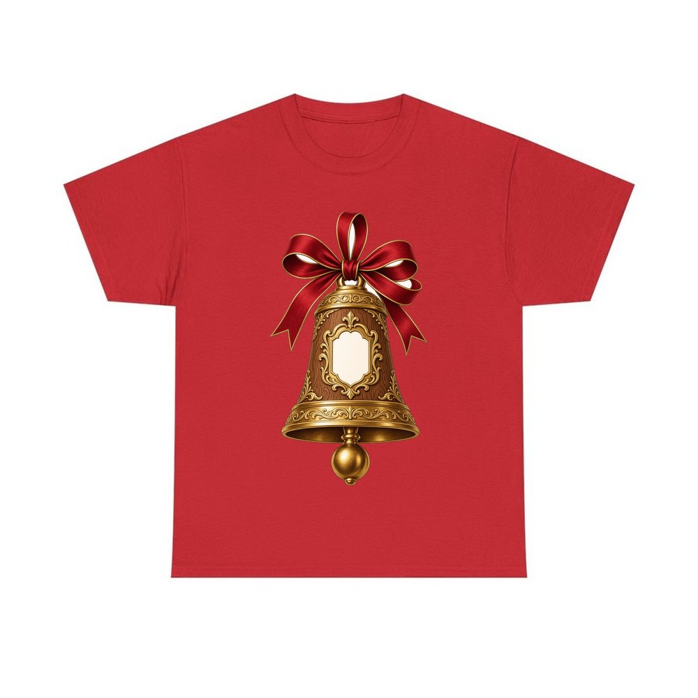 Gold Bell With Name Plaque personalised Christmas T-shirt in red