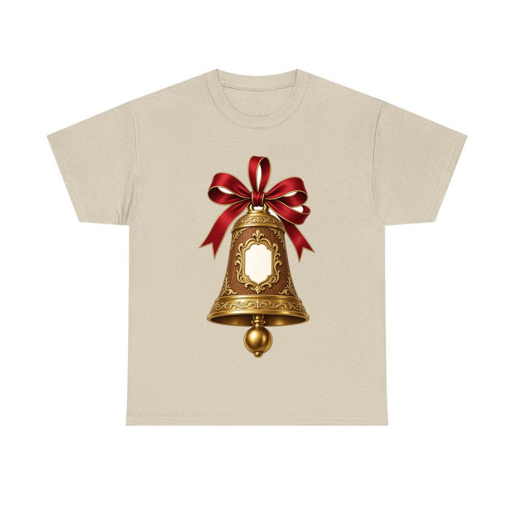 Gold Bell With Name Plaque personalised Christmas T-shirt in sand
