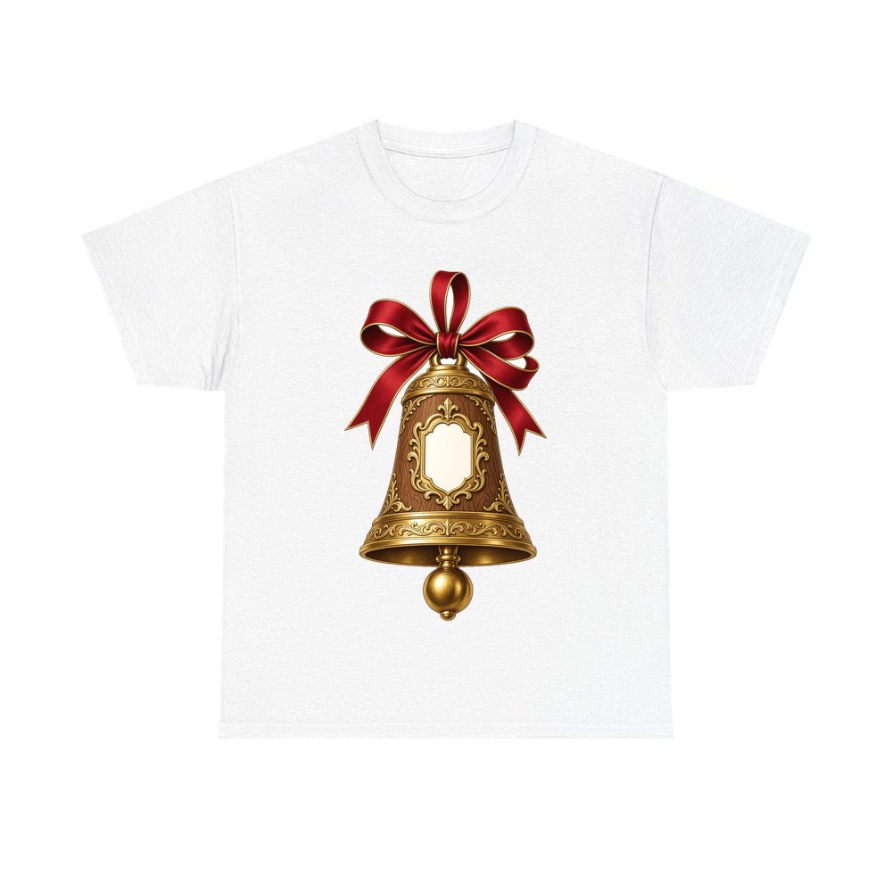 Gold Bell With Name Plaque personalised Christmas T-shirt in white