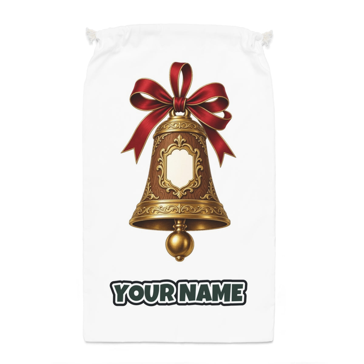 Gold Bell With Name Plaque Santa sack laid flat, showing the full print