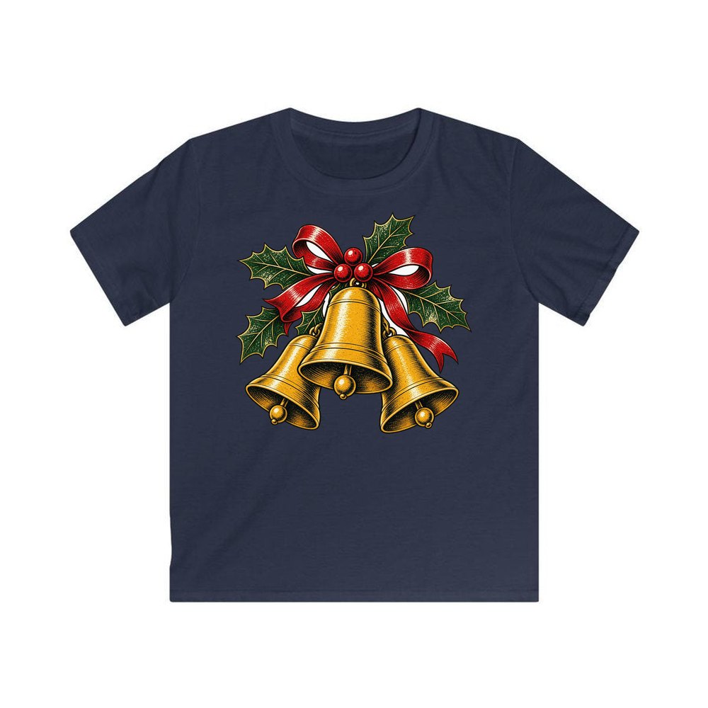 Gold Bells With Holly personalised kids Christmas tee in navy