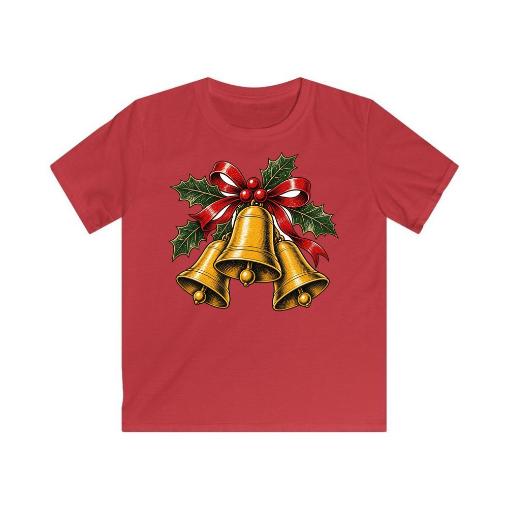 Gold Bells With Holly personalised kids Christmas tee in red