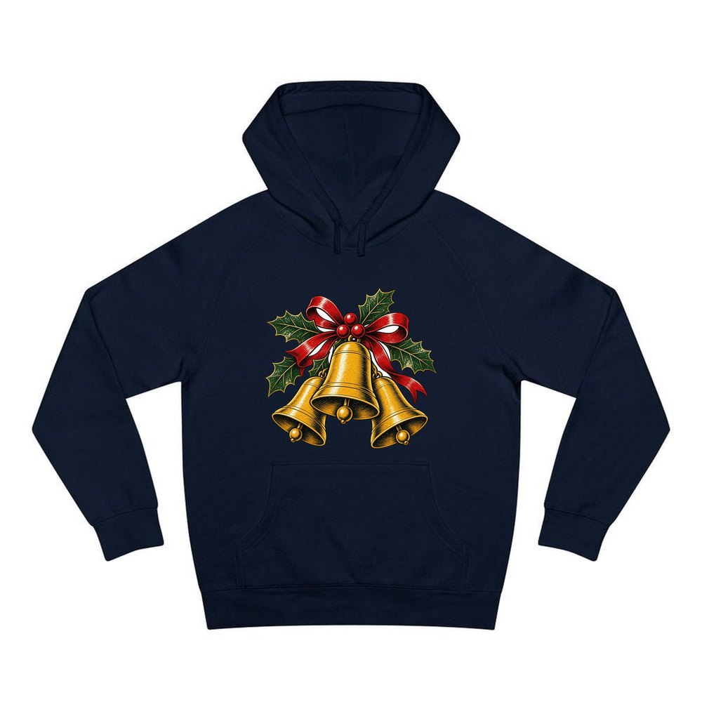 Gold Bells With Holly personalised Christmas hoodie in navy