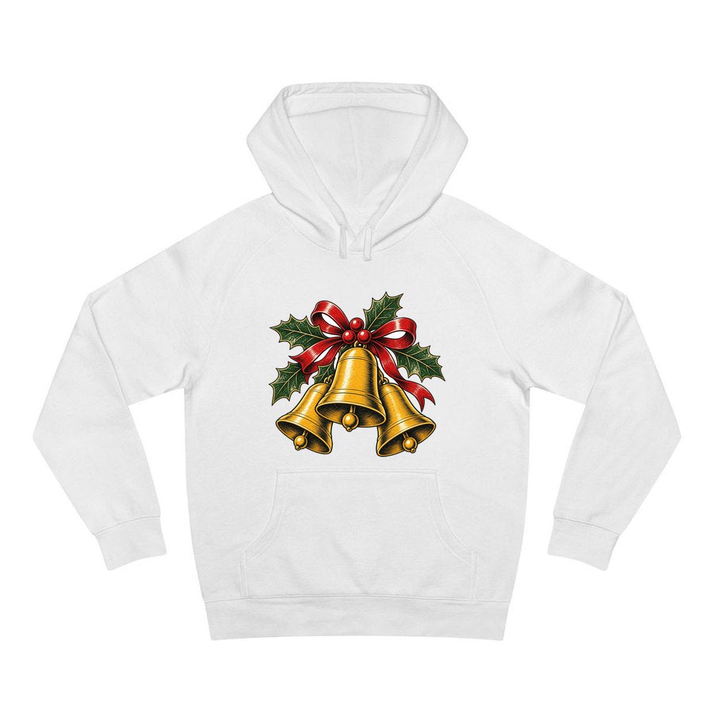 Gold Bells With Holly personalised Christmas hoodie in white