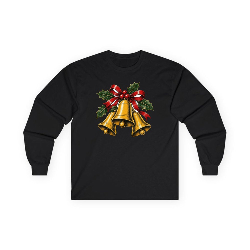 Gold Bells With Holly personalised long sleeve Christmas T-shirt in black