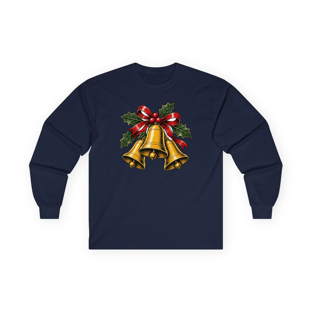 Gold Bells With Holly personalised long sleeve Christmas T-shirt in navy
