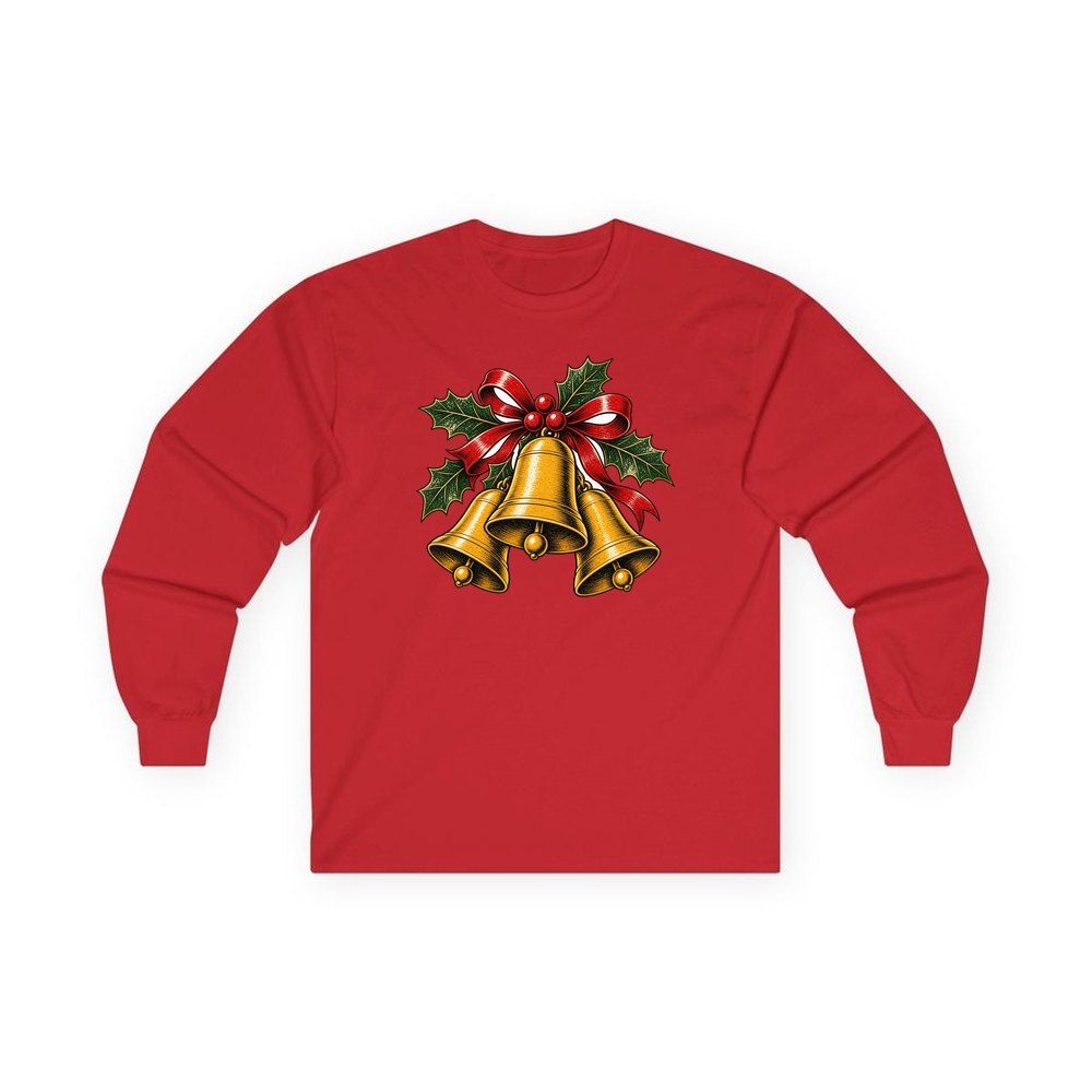 Gold Bells With Holly personalised long sleeve Christmas T-shirt in red