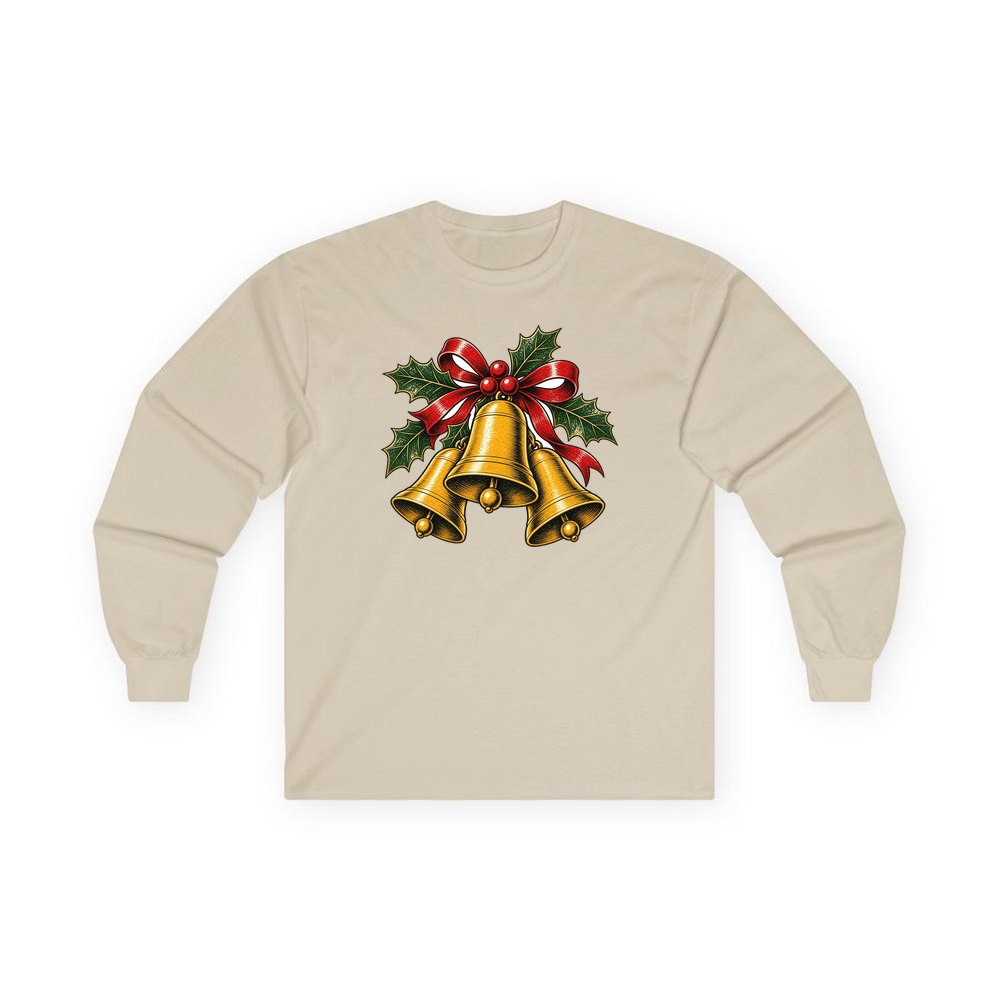 Gold Bells With Holly personalised long sleeve Christmas T-shirt in sand