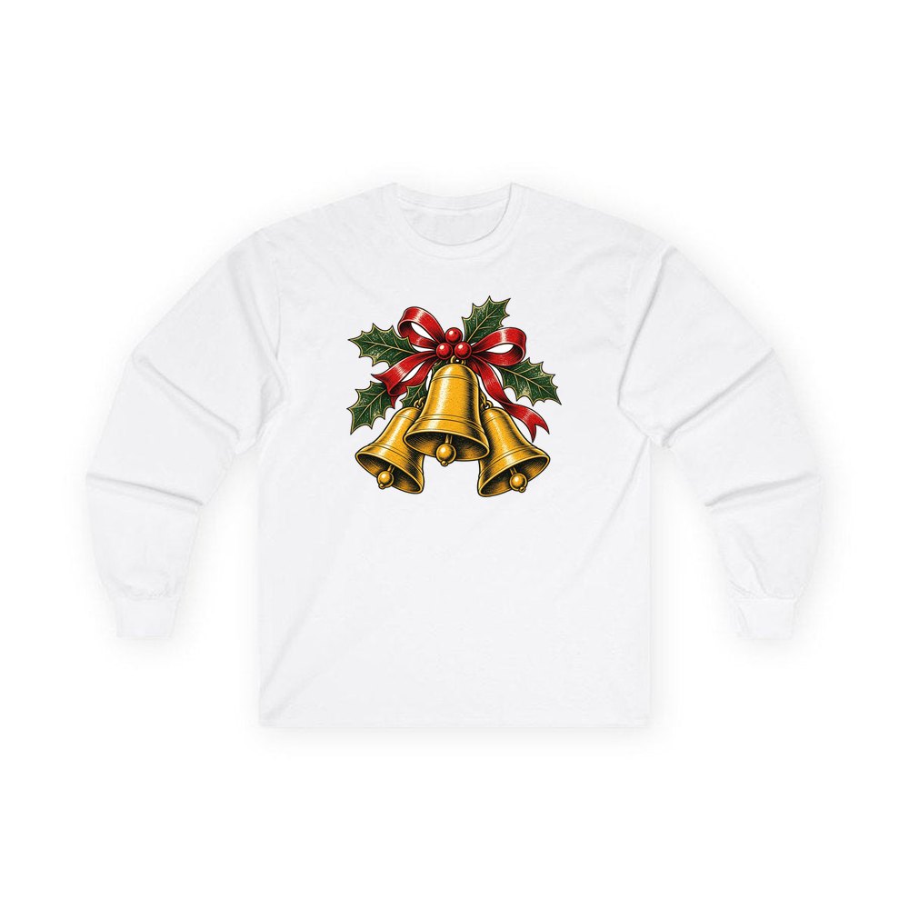 Gold Bells With Holly personalised long sleeve Christmas T-shirt in white