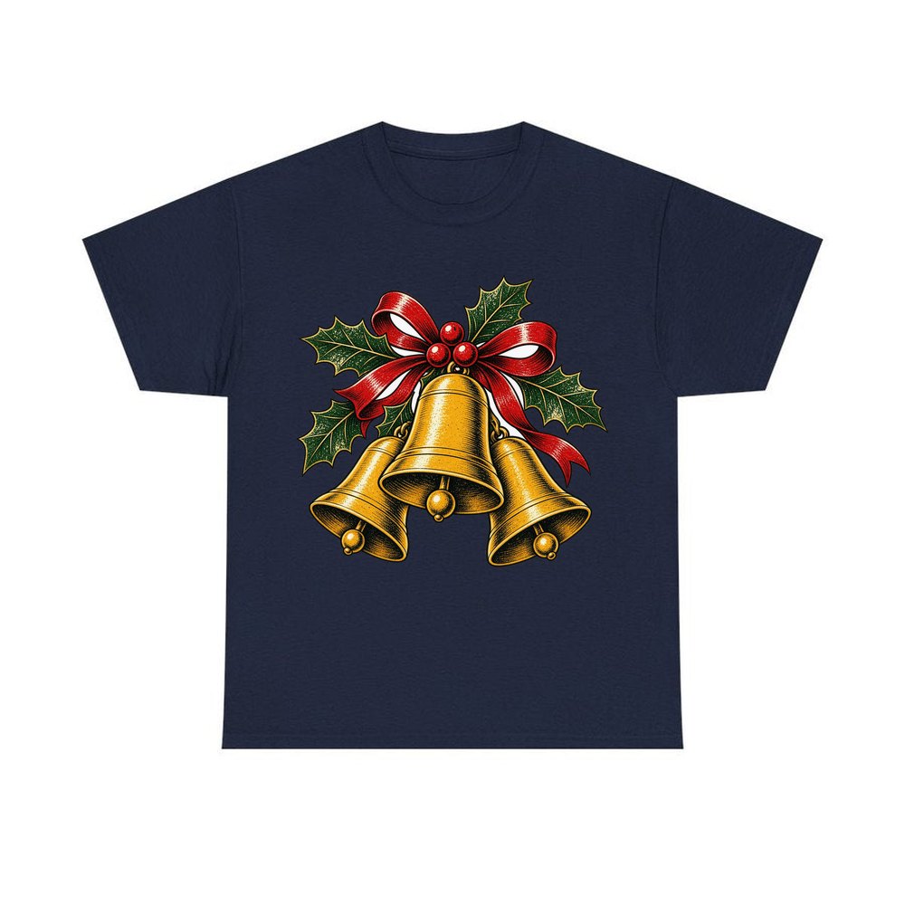 Gold Bells With Holly personalised Christmas T-shirt in navy
