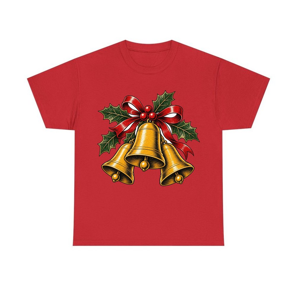 Gold Bells With Holly personalised Christmas T-shirt in red