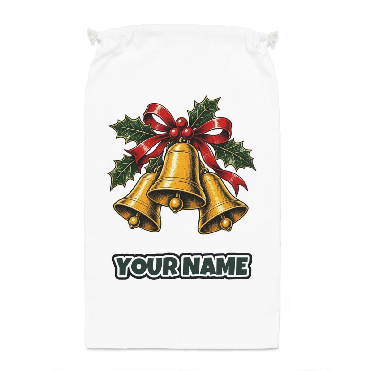 Gold Bells With Holly Santa sack laid flat, showing the full print