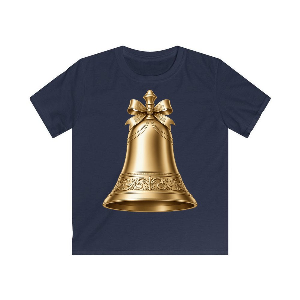 Gold Christmas Bell personalised kids Christmas tee in navy