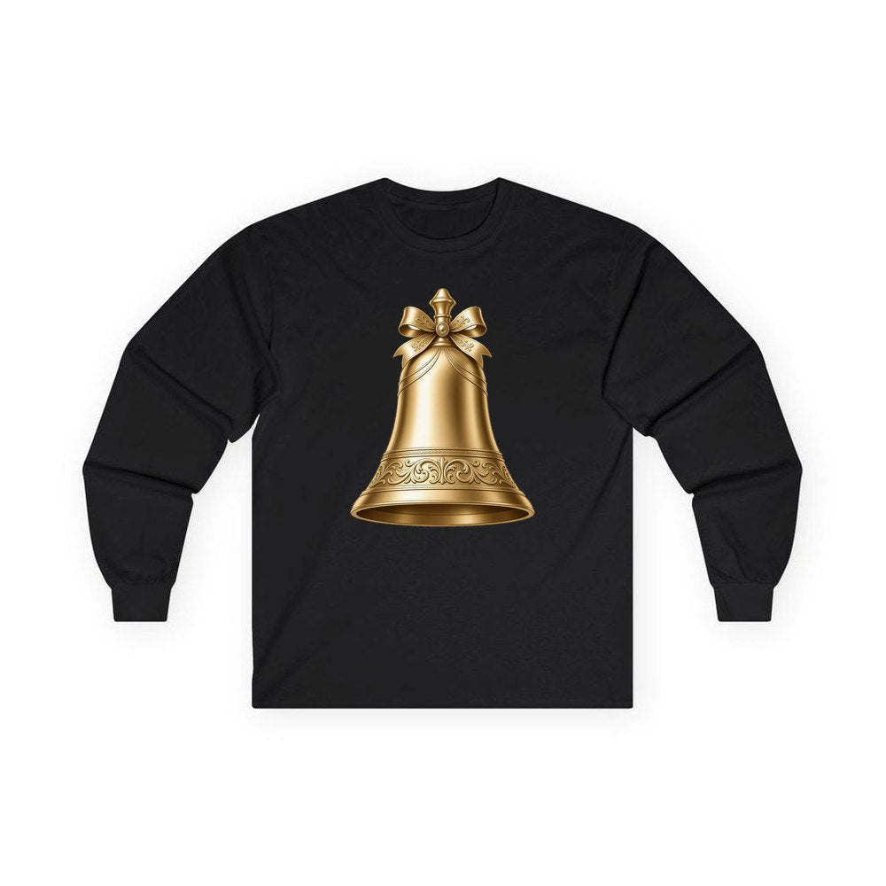 Gold Christmas Bell personalised long sleeve Christmas T-shirt in black