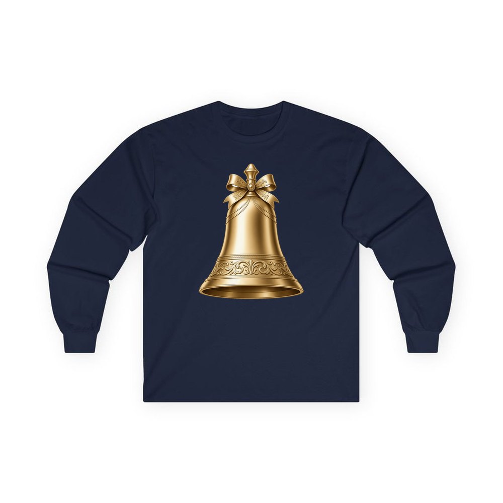 Gold Christmas Bell personalised long sleeve Christmas T-shirt in navy