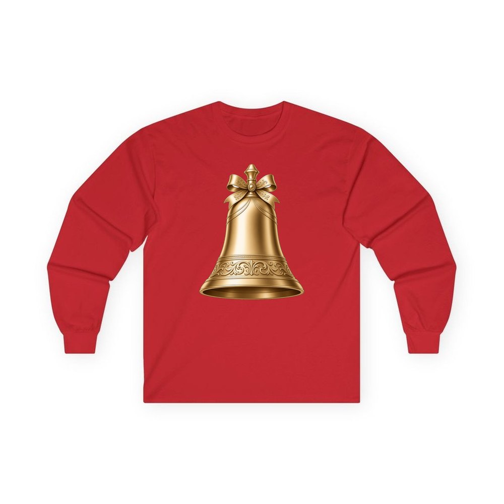 Gold Christmas Bell personalised long sleeve Christmas T-shirt in red