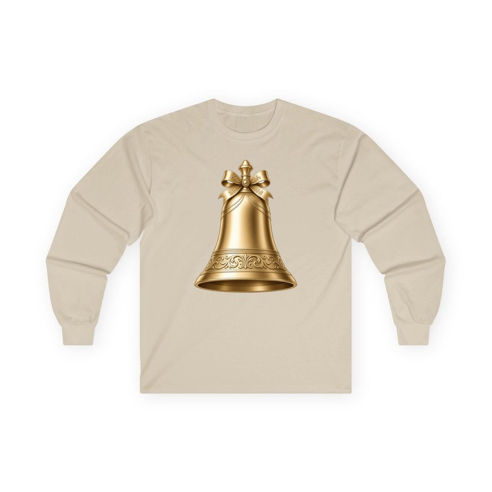 Gold Christmas Bell personalised long sleeve Christmas T-shirt in sand