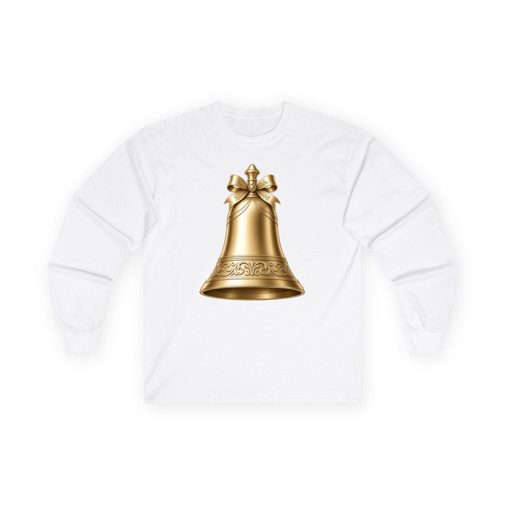 Gold Christmas Bell personalised long sleeve Christmas T-shirt in white