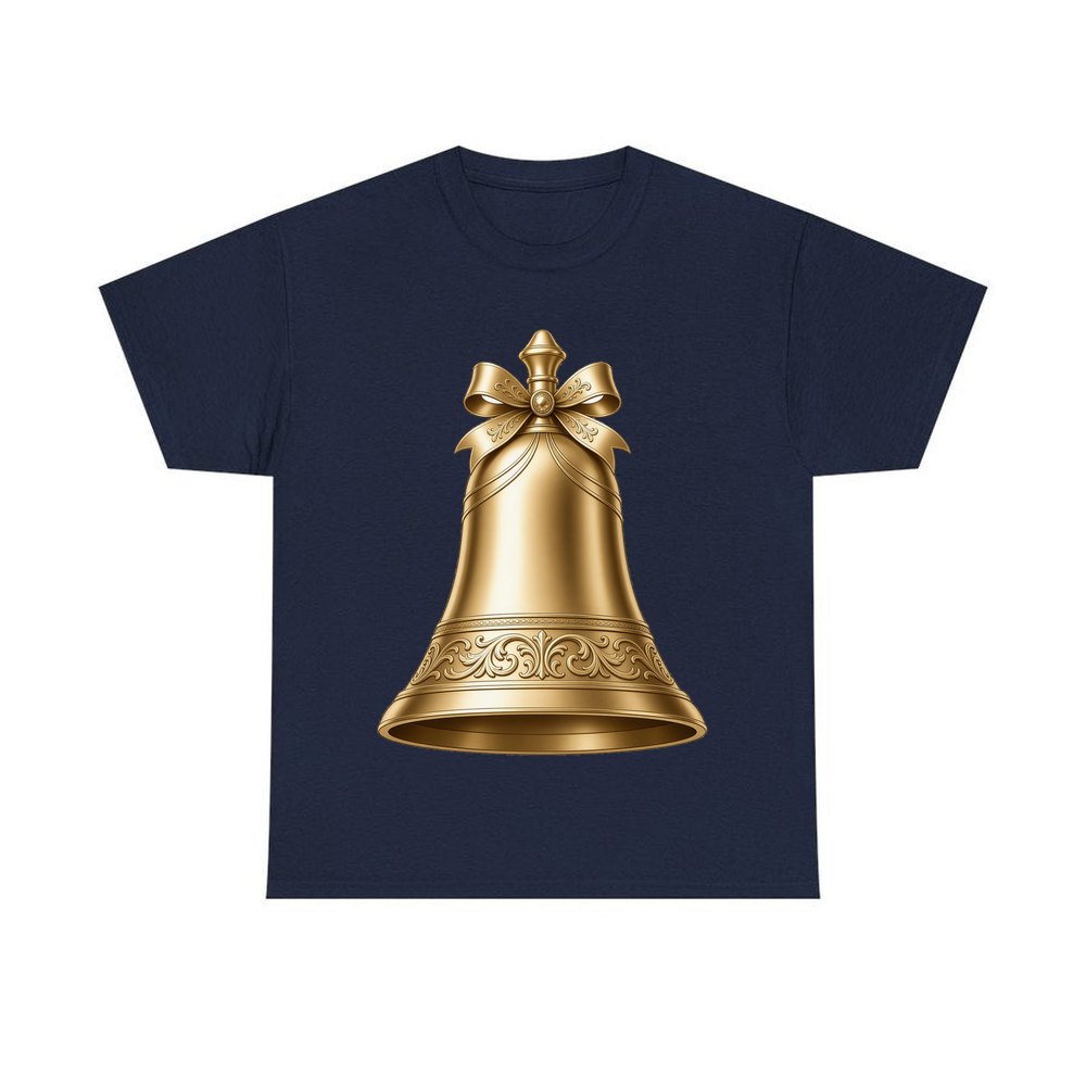 Gold Christmas Bell personalised Christmas T-shirt in navy