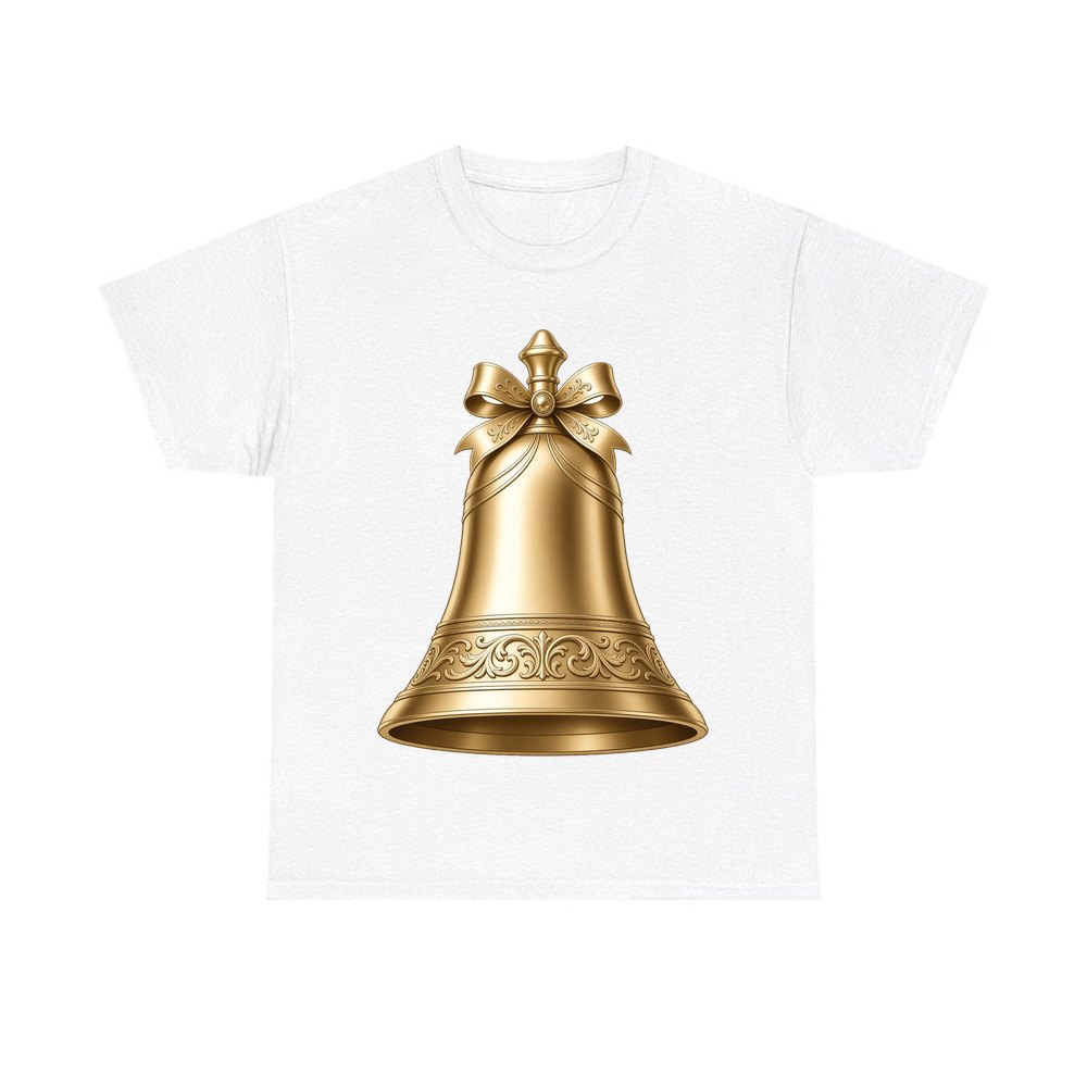 Gold Christmas Bell personalised Christmas T-shirt in white