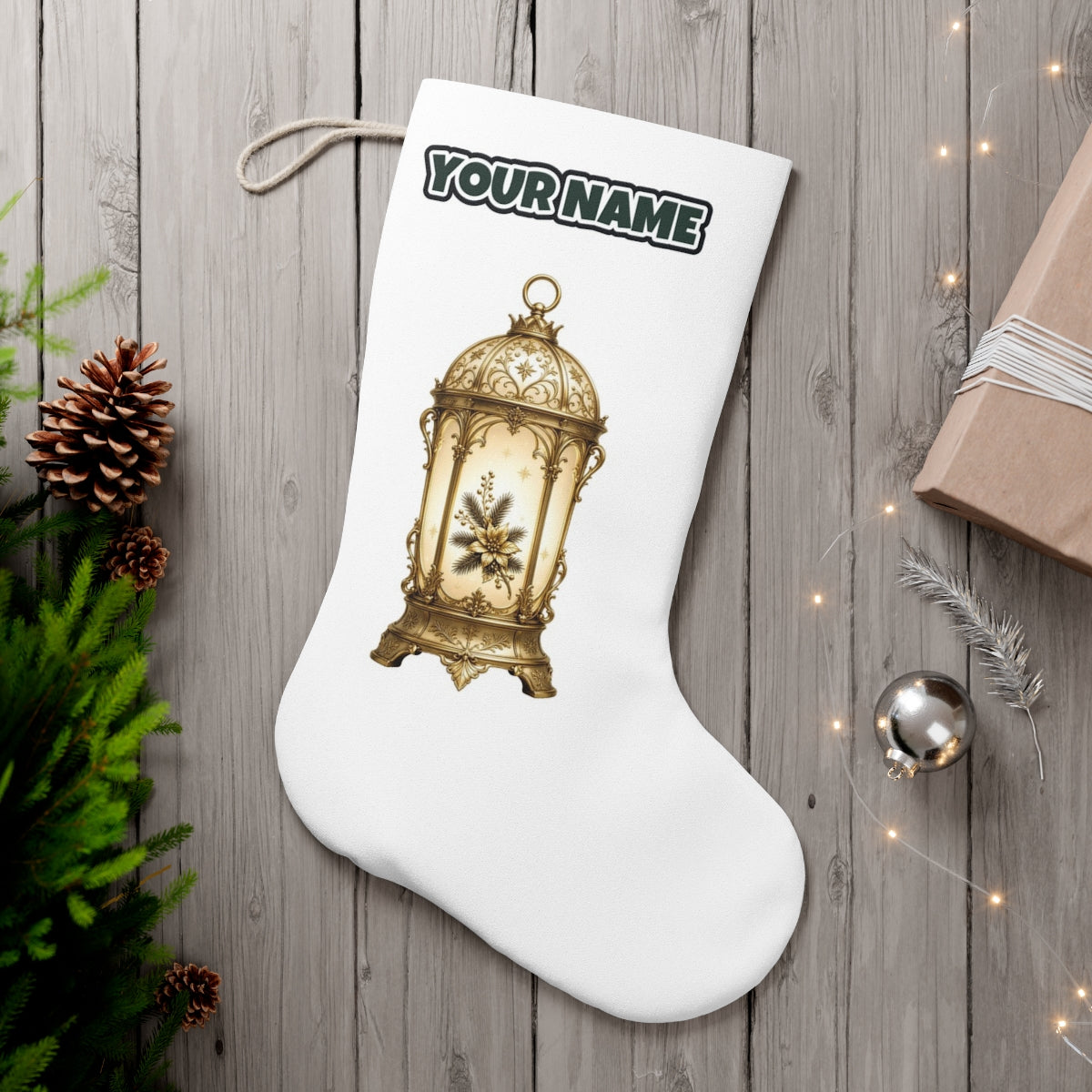 Gold Christmas Lantern personalised Christmas stocking, white, with the name across the top