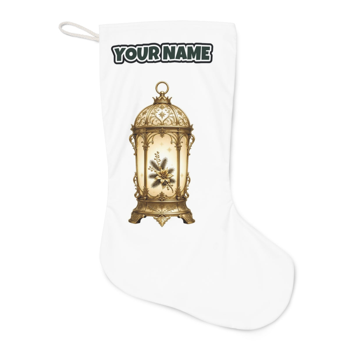 Gold Christmas Lantern Christmas stocking laid flat, showing the full print