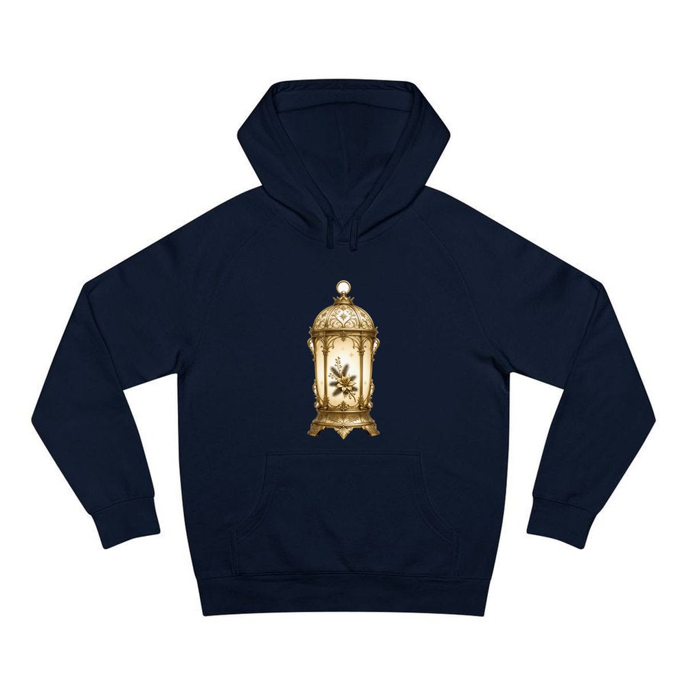 Gold Christmas Lantern personalised Christmas hoodie in navy