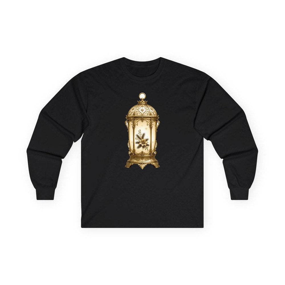 Gold Christmas Lantern personalised long sleeve Christmas T-shirt in black