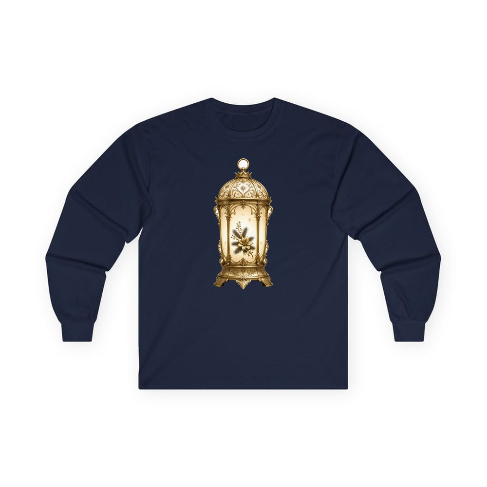 Gold Christmas Lantern personalised long sleeve Christmas T-shirt in navy