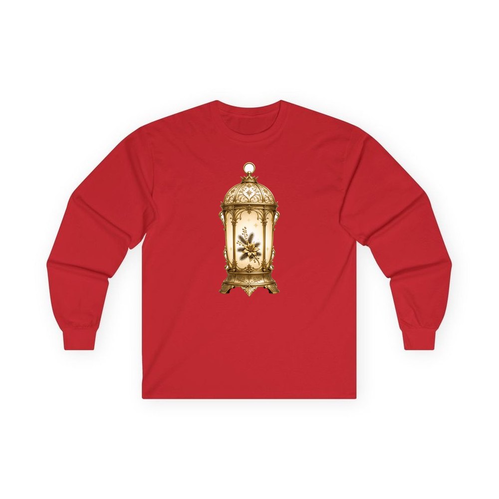 Gold Christmas Lantern personalised long sleeve Christmas T-shirt in red