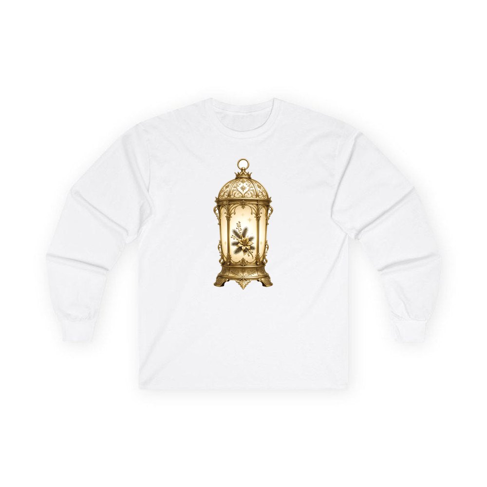 Gold Christmas Lantern personalised long sleeve Christmas T-shirt in white