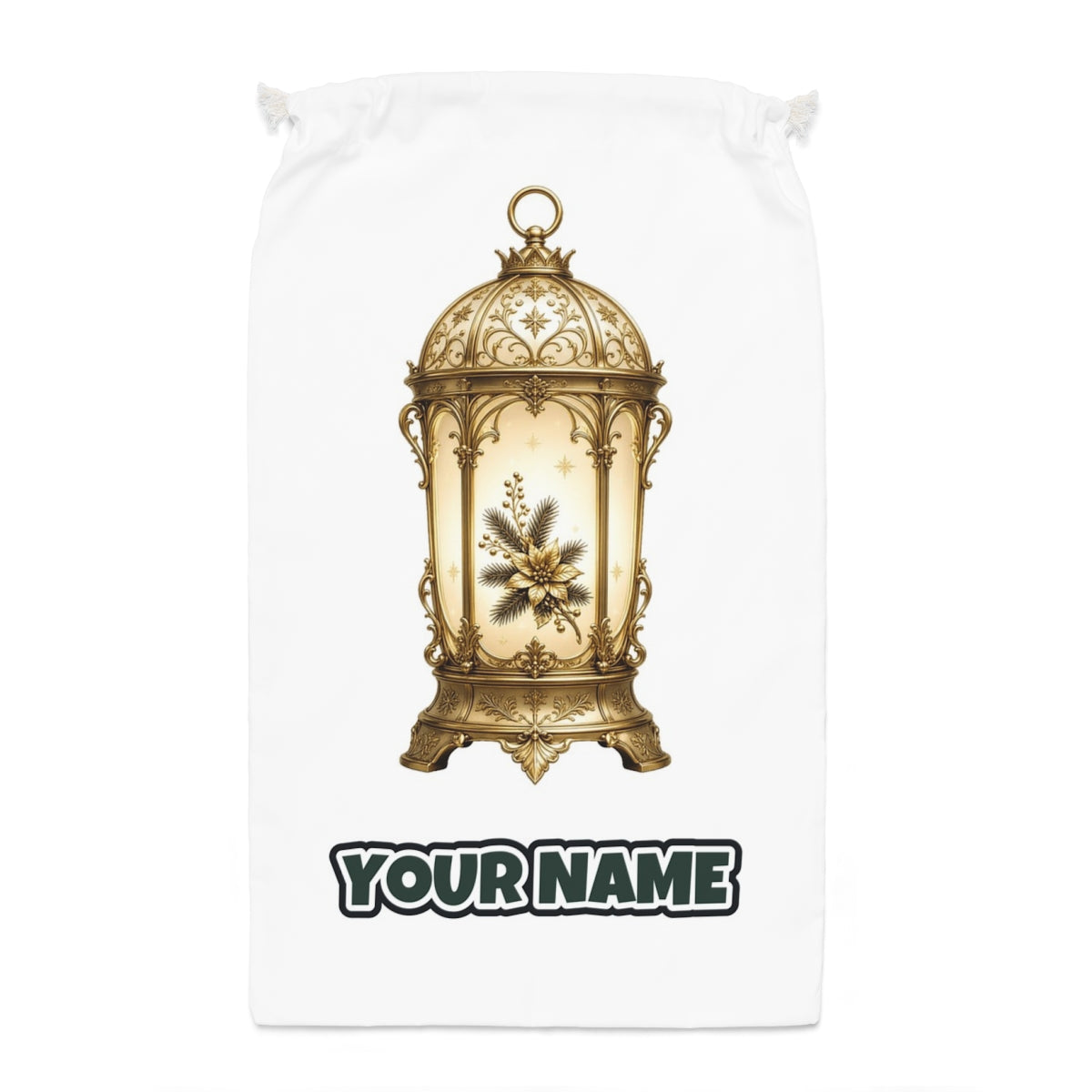 Gold Christmas Lantern Santa sack laid flat, showing the full print