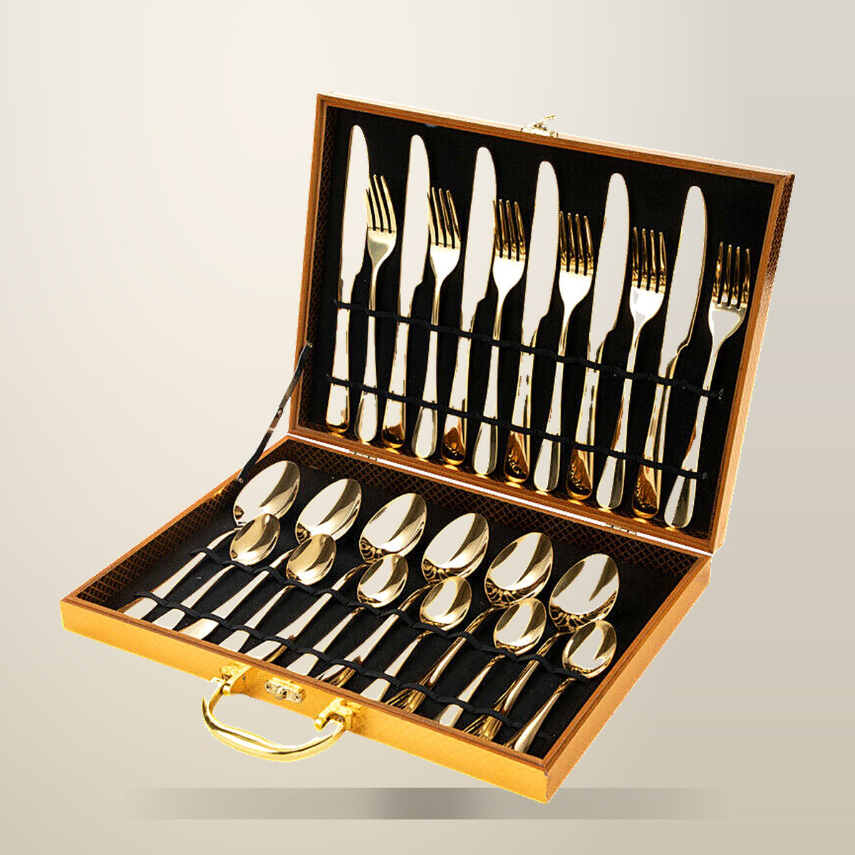 Yarra Supply 24 Piece Gold Cutlery Set, Service for 6, on a plain cream background