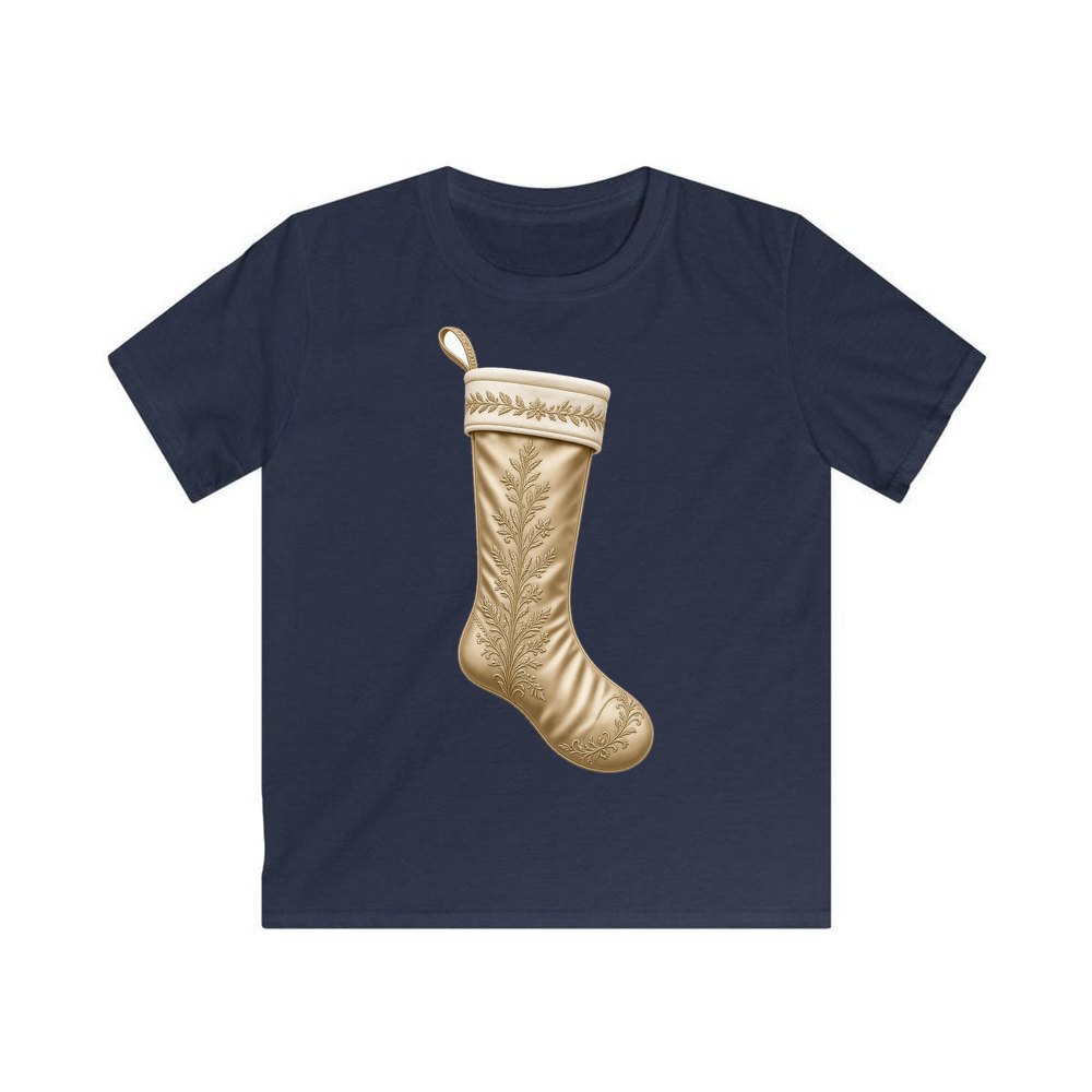 Gold Embroidered Christmas Stocking personalised kids Christmas tee in navy