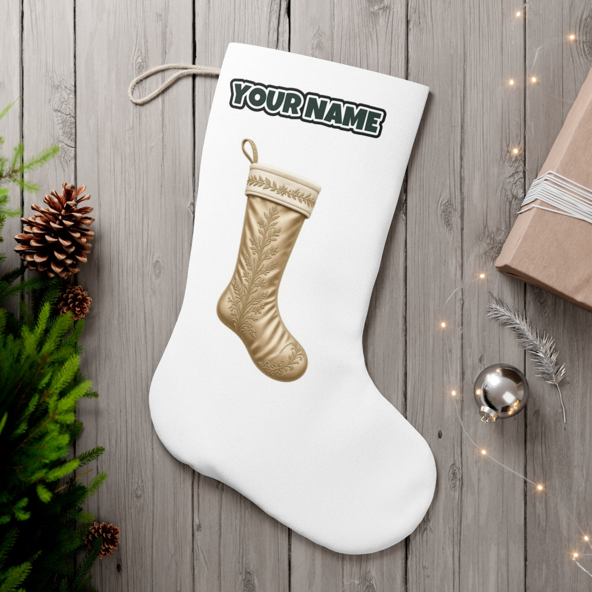 Gold Embroidered Christmas Stocking personalised Christmas stocking, white, with the name across the top