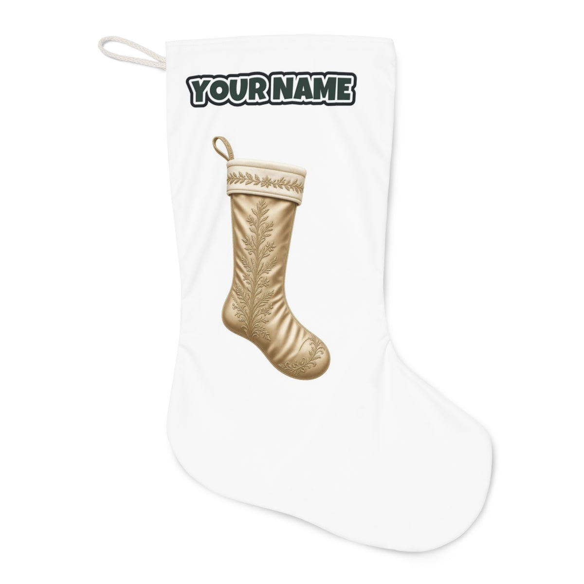Gold Embroidered Christmas Stocking Christmas stocking laid flat, showing the full print