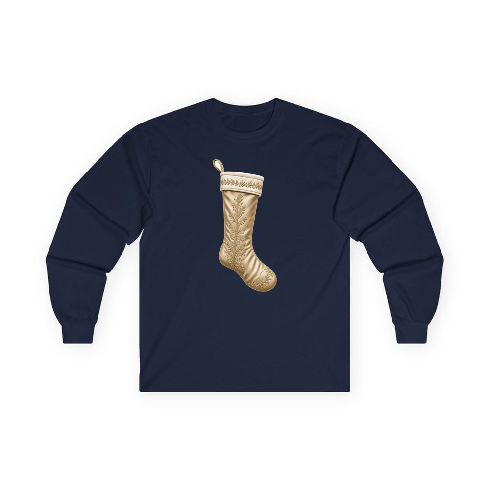 Gold Embroidered Christmas Stocking personalised long sleeve Christmas T-shirt in navy