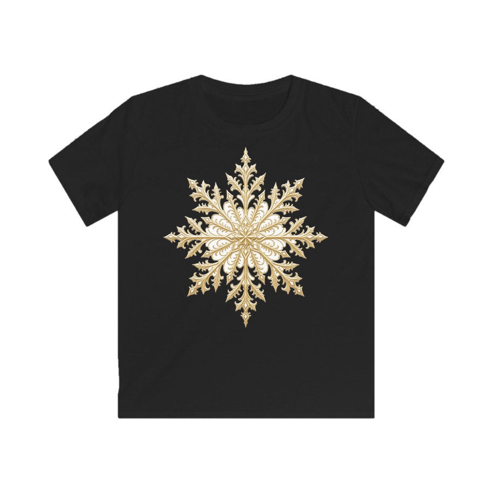 Gold Filigree Snowflake personalised kids Christmas tee in black