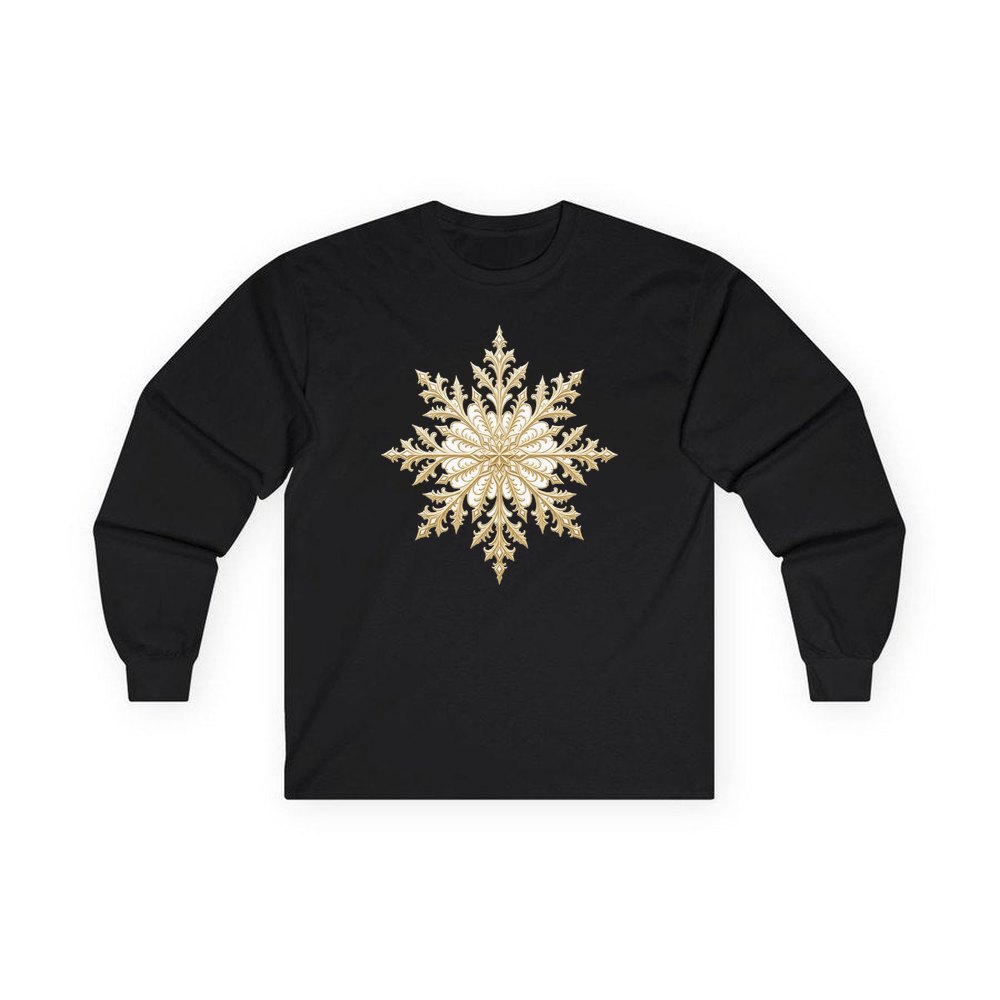 Gold Filigree Snowflake personalised long sleeve Christmas T-shirt in black