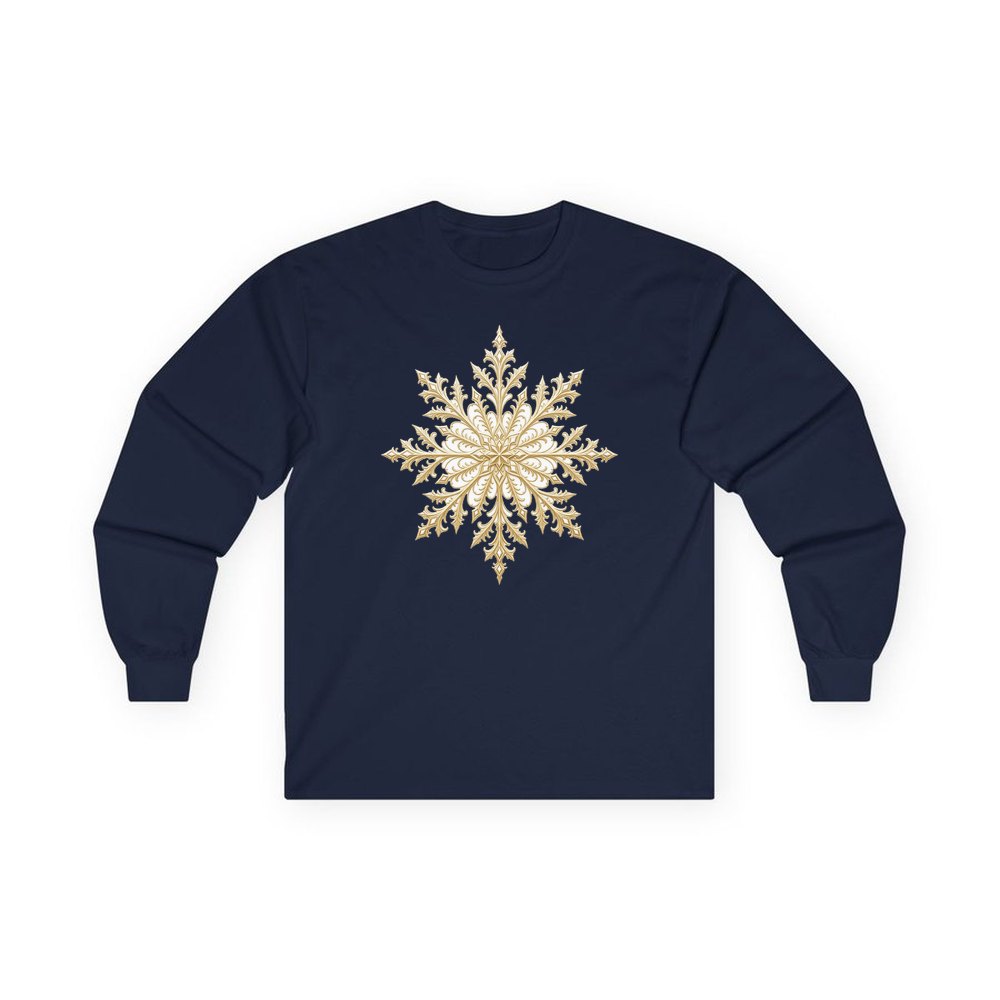 Gold Filigree Snowflake personalised long sleeve Christmas T-shirt in navy