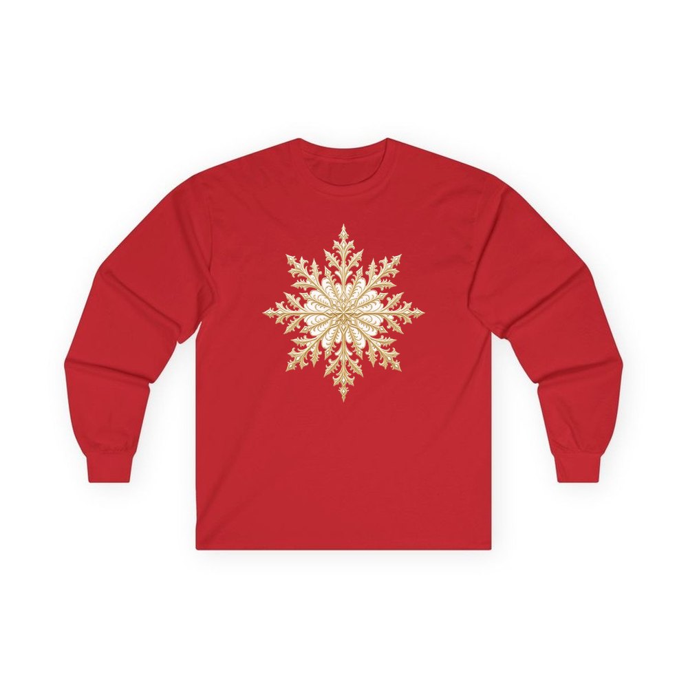Gold Filigree Snowflake personalised long sleeve Christmas T-shirt in red
