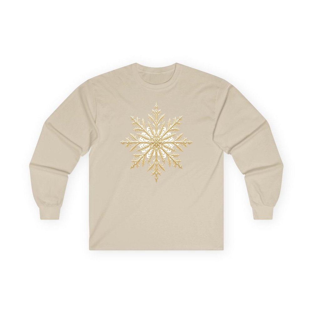 Gold Filigree Snowflake personalised long sleeve Christmas T-shirt in sand